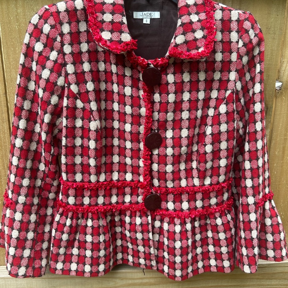 Jade Red and Cream Ruffle Checkered Jacket size 6 Retro - Picture 7 of 11